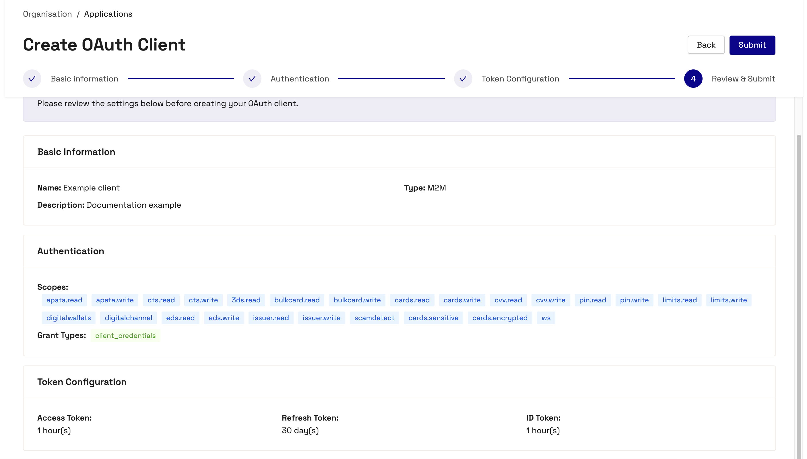 Review Create OAuth Client screen for an Application in the System Admin area of Thredd Portal